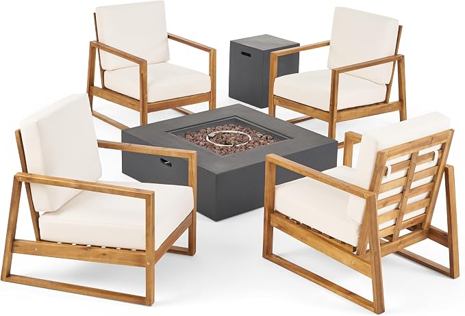 Christopher Knight Home Belgian Patio Furniture Set with Fire Pit Table and Tank Holder, Outdoor Conversation Set with Fire Table, Acacia Wood Lounge Chair Outdoor Set of 4, Teak+Cream+Dark Grey