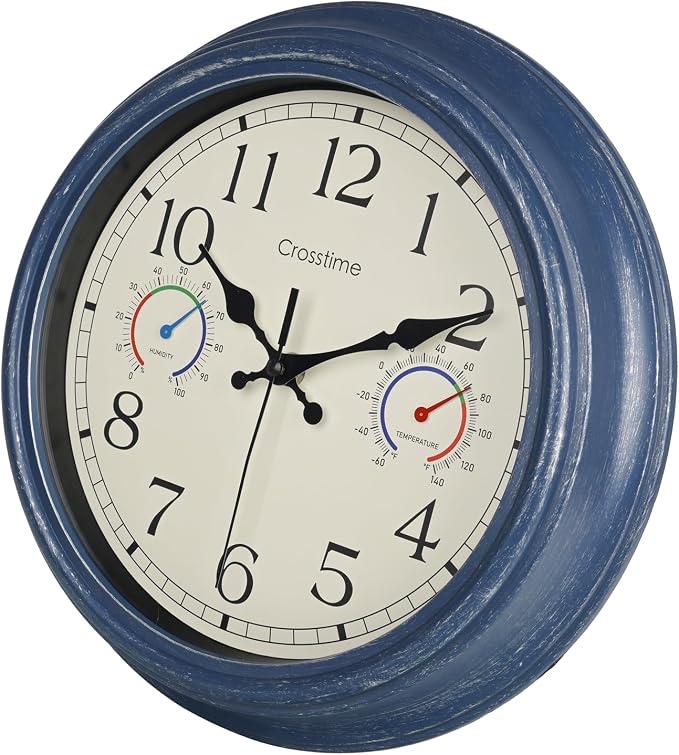 Crosstime 12 Inch Outdoor Clock Waterproof with Thermometer & Hygrometer – Silent Retro Wall Clock for Patio, Pool, Porch, Backyard, Bathroom – Blue