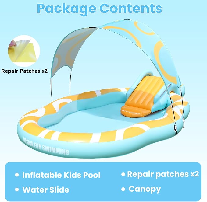 Inflatable Toddler Pool with Slide & Canopy, Backyard Kiddie Pool for Kids | Large Size 126"*72"*52", Thickened Durable, Soft Buffer Pad
