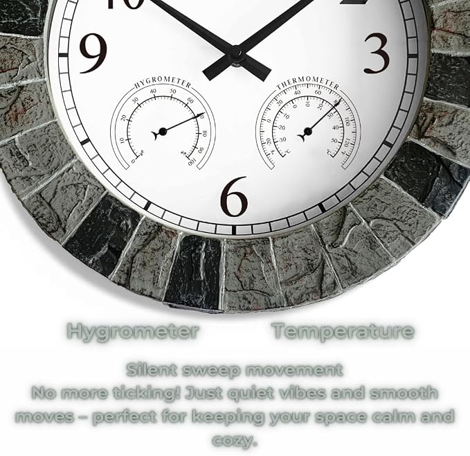 13.5" Faux Slate Wall Clock with Thermometer/Hygrometer | Waterproof, Silent, Indoor/Outdoor, Battery Operated, Light Grey/Black Frame