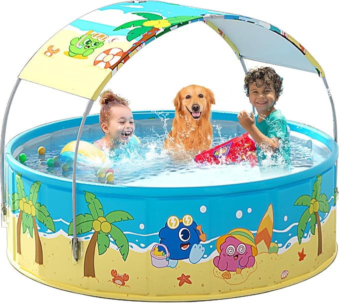 Foldable Kids Pool with Canopy, Hard Plastic Collapsible Deep Kiddie Pool, Small Toddler Pools for Swimming Backyard (JellieMons 62.9"x17.7")