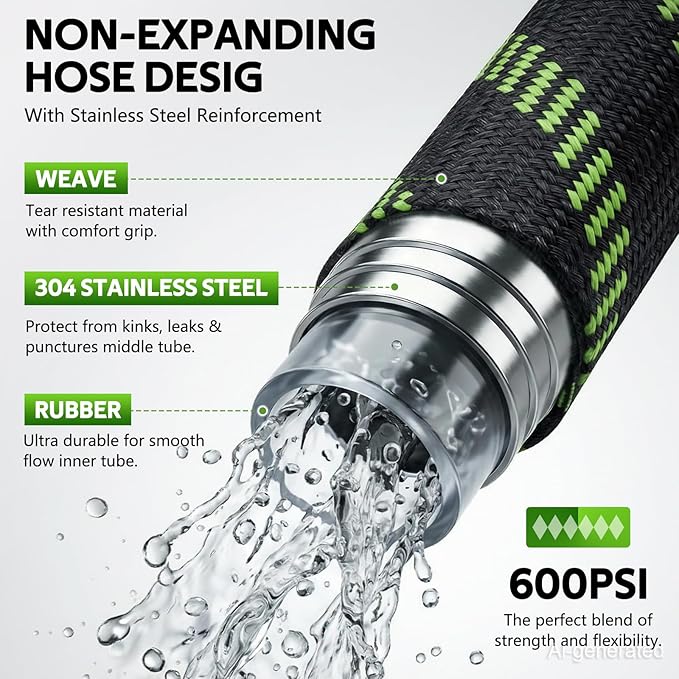 NON-EXPANDABLE Garden Hose 50 FT, Heavy Duty Steel Metal Flexible Water Hose with 10-Function Spray Nozzle, Durable Fabric Skin, No Kinks & Leak-Proof with Upgraded Handle