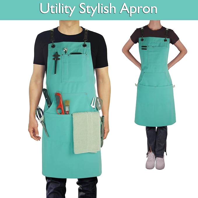 Kitchen Apron, Work Apron, Canvas Apron, Ice Blue | Multiple Pockets, Gardening, Painting, BBQ, Artist, Carpenter, Sizes M to XXL