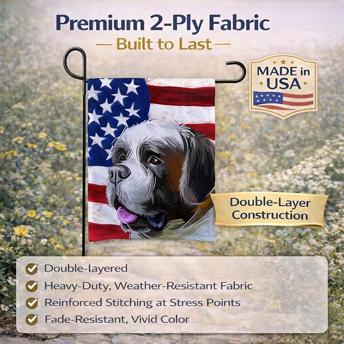 Caroline's Treasures CK6722GF Saint Bernard American Flag Garden Flag Mailbox Flag Decorative Yard Flag Banner Outside Patio Artwork Yard Flower Beds, Garden Size, Multicolor