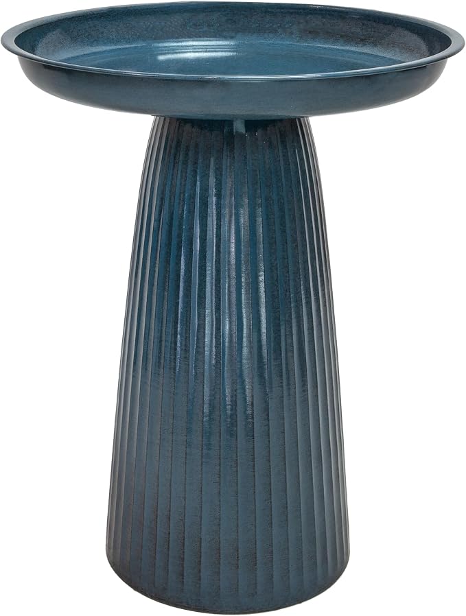 Sunnydaze Gleeful Garden 23" Iron Pedestal Bird Bath for Outside - Modern Shallow Basin Birdbath for Outdoors with UV-Protected Rust-Resistant Finish for Patio, Garden, Yard Decor - Blue Glaze