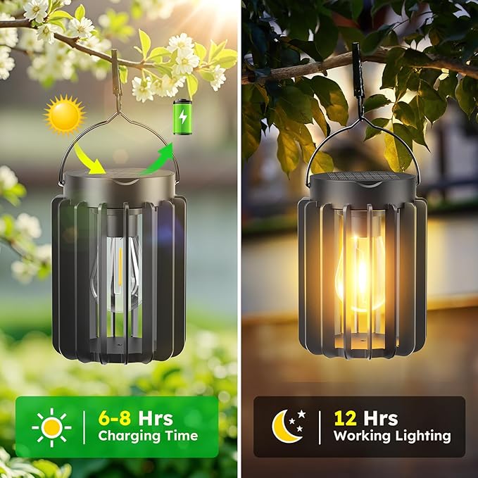 Ahaorigin Solar Lanterns Outdoor Waterproof, Brighter Up to 12 Hrs Outdoor Hanging Solar Lights, Outside Hanging Lanterns for Garden Porch Patio Yard Decor, Gifts for Women Mom Father Black 2 Pack