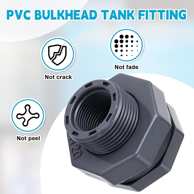 4 Pcs 3/4 Inch Bulkhead Fitting PVC Water Tank Connector Plumbing Pipe Threaded Bulkhead Fitting NPT for Rain Barrels, Water Tanks, Aquariums, Tubs, Pools