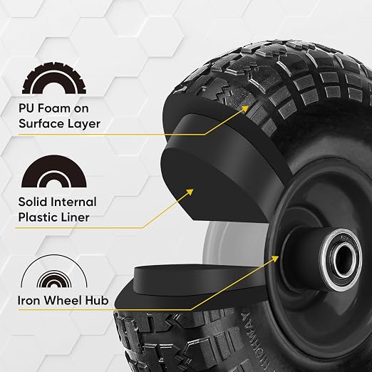 TICONN 10" Solid Tires, 4 Pack Flat Free 4.10/3.50-4'' Wheels with 5/8” Axle Bore Hole and Double Sealed Bearings (Black, 4PK)