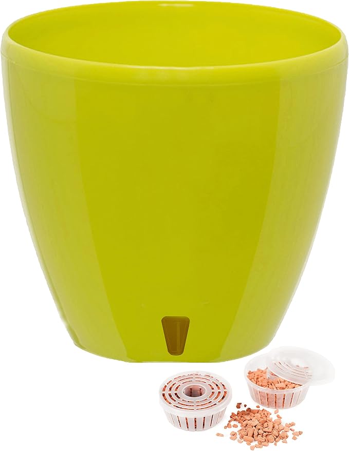 DECOPOTS - Self Watering Planter - Indoor Decorative Flower Pot with Drainage Cartridge and Water Level Indicator (Diameter 11.2", Lime)