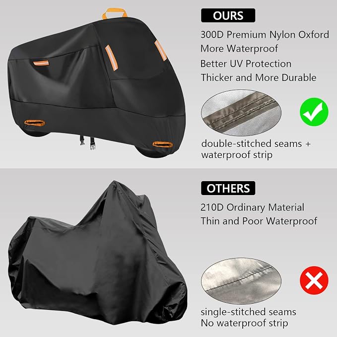 SECELES 300D Heavy Duty Motorcycle Cover Fits up to 86" Yamaha | All Season Durable Scooter Cover,4 Reflective Strips,Lock-Holes,Windproof Buckles,for Cruiser Sportbike Dirt Bike,86"x37"x50"