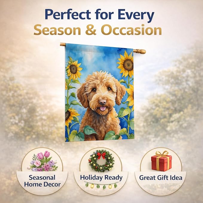 Caroline's Treasures DAC6113CHF Labradoodle in Sunflowers House Flag Large Porch Sleeve Pole Decorative Outside Yard Banner Artwork Wall Hanging, Polyester, House Size, Multicolor