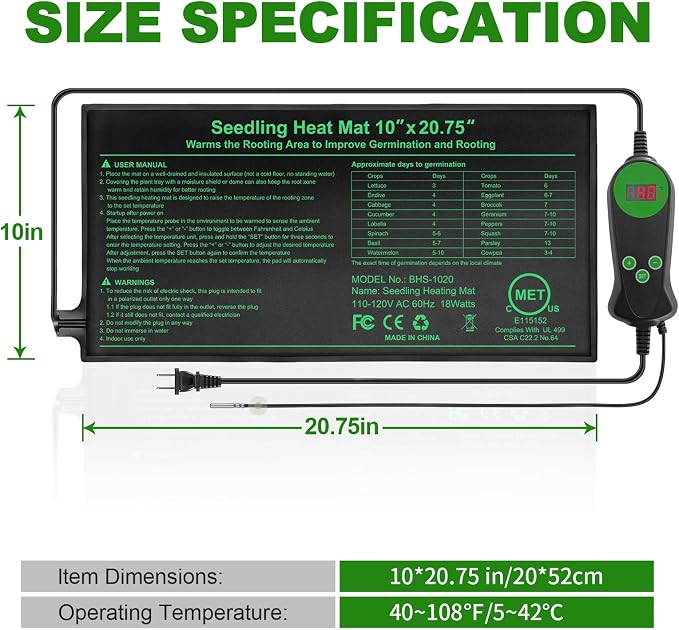 Seedling Heat Mat with Built-in Thermostat 2 Pack, 10" x 20.75" Waterproof Plant Heating Pad with Temperature Controller for Hydroponic,Germination, Indoor Gardening, Greenhouse, MET-Certified