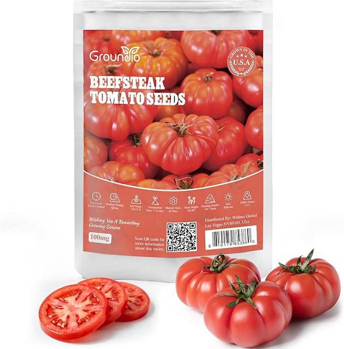 Groundio Beefsteak Tomato Seeds Non-GMO Heirloom Seeds, High Germination Indeterminate for Planting, Large Meaty Slicing Fruits, High Yield Summer Garden (Solanum lycopersicum)