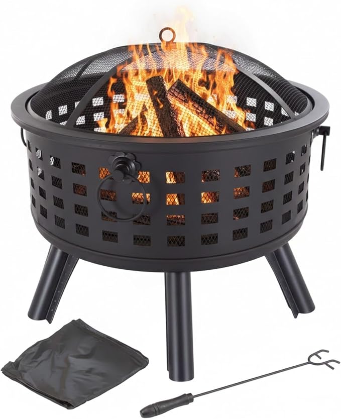 Outdoor Fire Pit - 26-Inch Round Lattice Wood Burning Firepit with Screen, Poker, Grate and Cover - Wood Fire Pits & Outdoor Fireplaces by Pure Garden