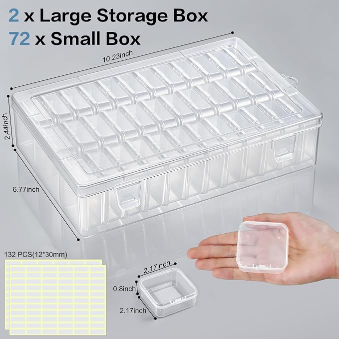 Bead Organizer Box, 72 Pcs Mini Clear Bead Storage with Hinged Lid and Labels, Small Plastic Containers for Jewelry Making, DIY Craft, Diamond Painting, Screws, Nail Art, and Seeds (2 Pack)