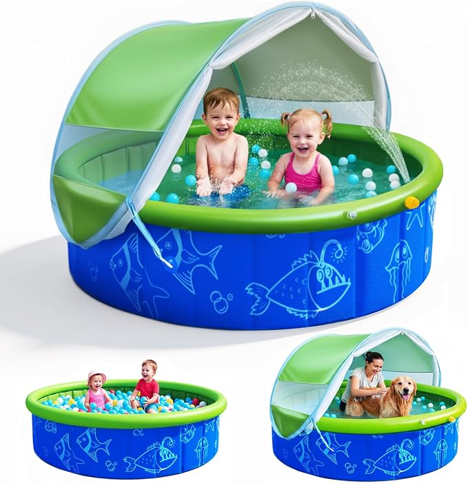 2026 Updated Foldable Kiddie Pool with Canopy and 20 Ocean Balls: 47in for Baby Toddler Kids- Summer Water Play Pool with Sprinkler and Shade - Portable for Outdoor Backyard Beach
