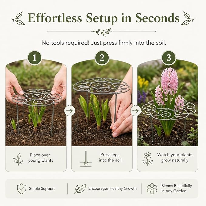 Metal Plant Support Ring for Garden, Heavy Duty Green Flower Hoop with Gardening Gloves, Peony Cage Stand for Outdoor Beds Indoor Pots, Grow Through Trellis 3 Sizes (2PCS, Small (10.8in Diameter))