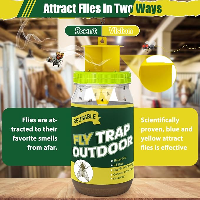 3 Pack Reusable Fly Traps Outdoor, Fly Killer Catcher Jar with 6 Natural Fly Bait Refills Lure, Flies Bug Insect Trap Control Outdoor Hanging for Outside Barns, Stable, Farm, Patio
