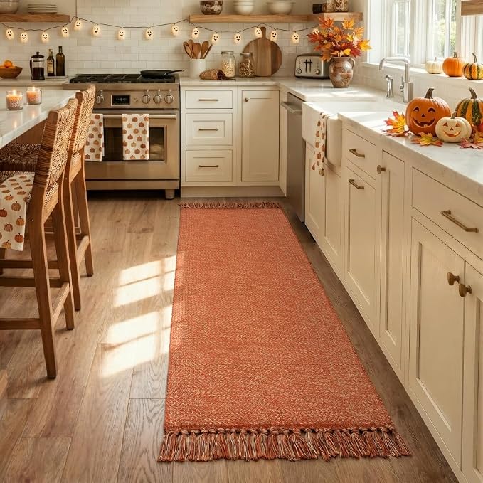 2' x 6' Fall Kitchen Runner Rug, Farmhouse Washable Bathroom Mat | Hand-Woven Hallway Runner Rugs, Reversible Braided Bedroom Carpet for Laundry Room, Entryway, Patio, Terracotta Fall Decor