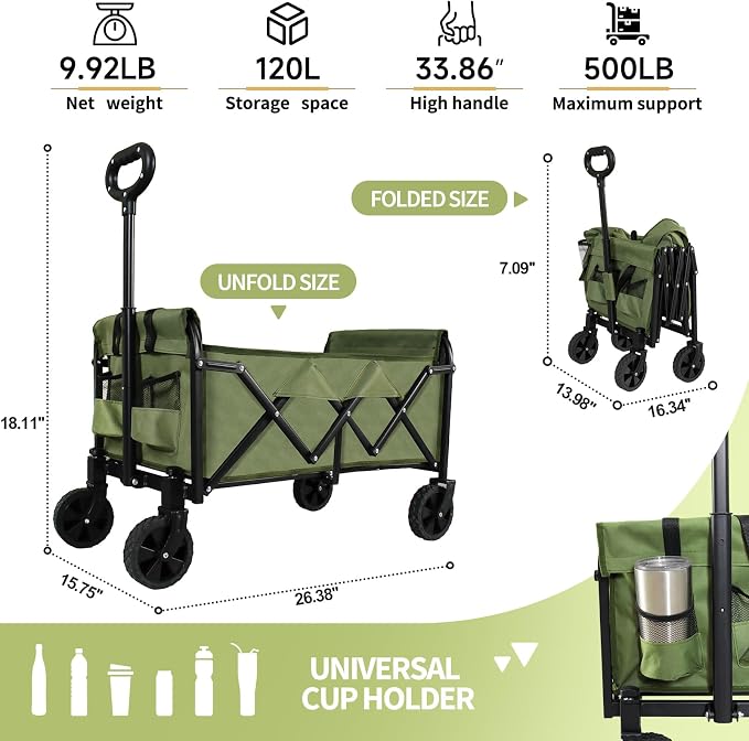 Foldable Wagon Cart, Collapsible Utility Wagon with All Terrain Wheels, Portable Folding Cart for Camping Garden Shopping Grocery Sports(Green, Medium Without Tailgate)