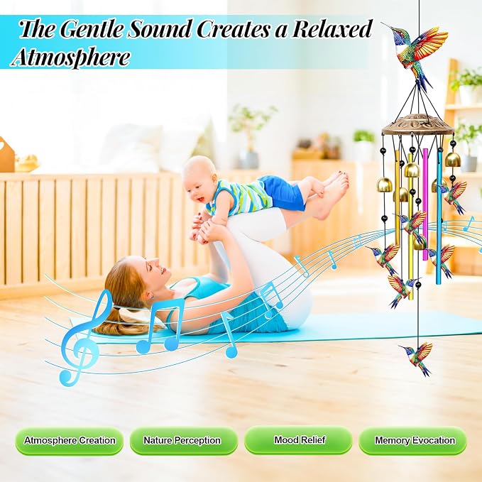 35" Wind Chimes for Outside, Hand-Tuned Aluminum Windchimes with 6 Bells & Hummingbird Decor, Rustproof Metal Chimes for Garden Patio Porch, Sympathy Memorial Gift(Hummingbird)