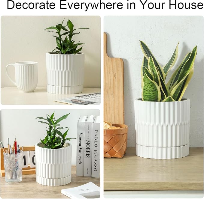 HASENSE Plant Pots - 8+6+4.6 Inch White Vertical Textured Ceramic Planters Set of 3 with Drainage Hole, Decorative Flower Pots for Indoor Plants, Herbs, Succulents, Home Office Desktop Garden Decor