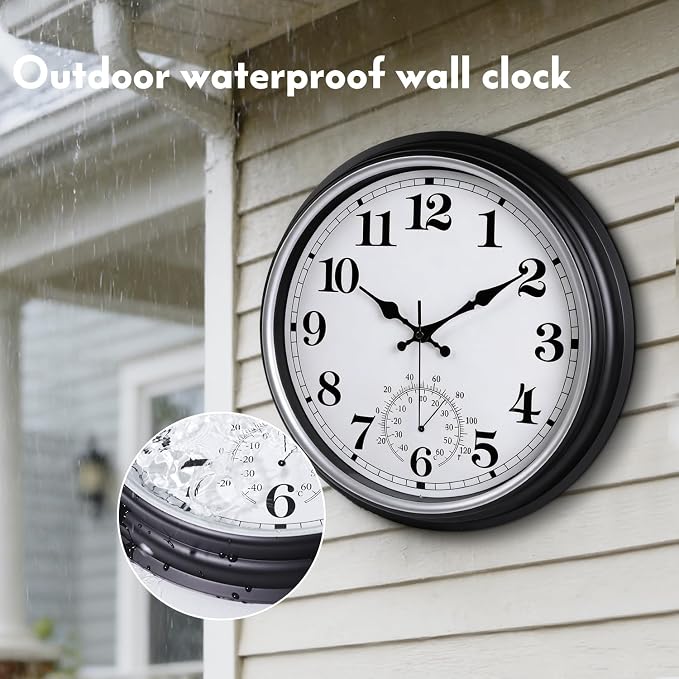 16 Inch Large Outdoor Clock Retro Waterproof Clock Non-Ticking Indoor/Outdoor Wall Clock with Thermometer, Battery Operated for Pool, Patio, Garden, Black
