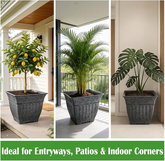18" Large Square Planter for Plants - 4 Pack Imitation Cement Plastic Flower Pots with Drainage Holes & 2cm Raised Base, 14 Gal Decorative Stone Like Garden Pot, Retro Plant Container (15" Tall)