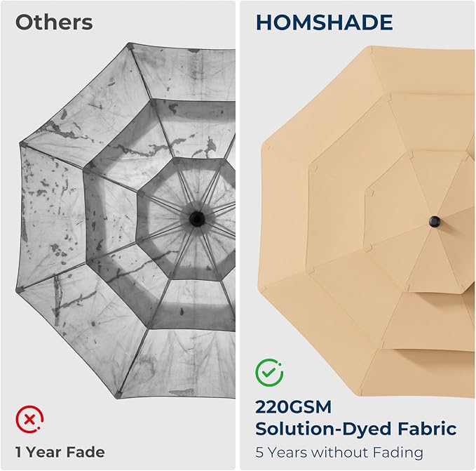 HOMSHADE 3-Tier Patio Umbrella with Solar Lights(Beige,No Base) | 5-Year Fade Resistant;32 LED Lights;Windproof;8 Thicker Ribs;UPF50+;Pool,Lawn,Garden,Deck