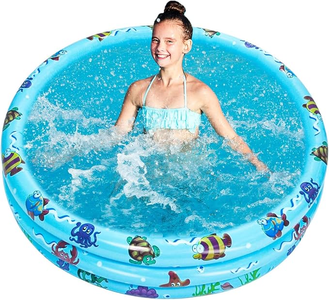 Inflatable Baby Kiddie Pools, 3 Rings Round Swimming Pool, Toddler Fun Water Swim Beach Floaties Toys, Kids Fishing Pond Ball Pit Pool, Small Infant Pool (Blue, 35 inch)