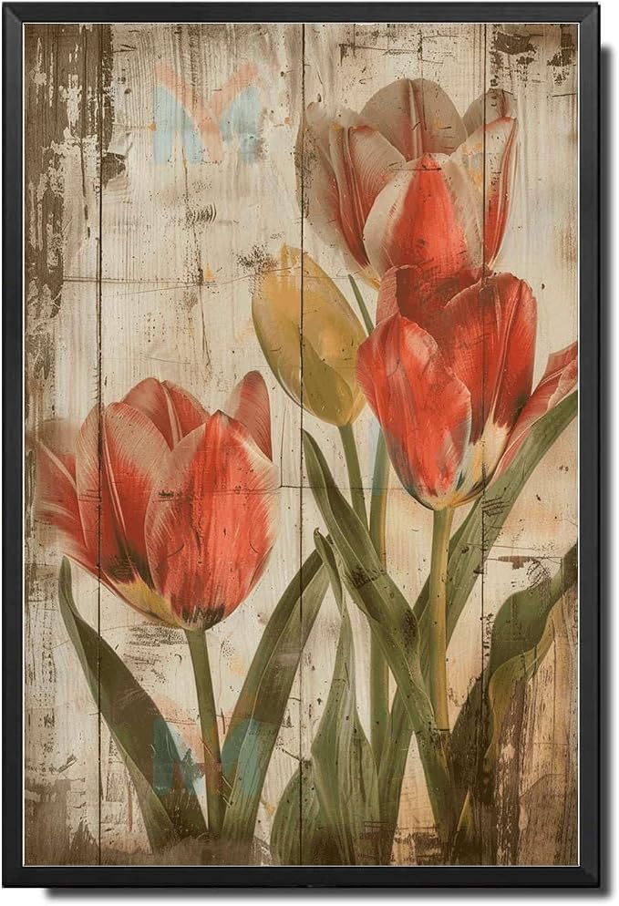 Metal Sign Tin Sign Vintage Wall Art Shabby Chic Tulips Tin Sign for Rustic Elegance Vintage Style and Distressed Wood Panels Tin Sign Garden Gift for Pub 6×8 Inches with Metal Frame