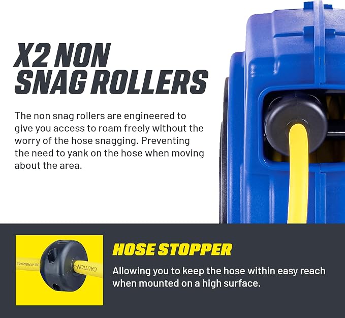 Goodyear Air Hose Reel Retractable 3/8" Inch x 65' Feet Premium Commercial Flex Hybrid Polymer Hose Max 300 Psi Heavy Duty Spring Driven Polypropylene Construction w/Lead-in Hose and PVC Handle