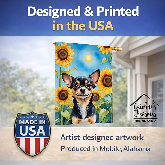 Caroline's Treasures DAC6052CHF Chihuahua in Sunflowers House Flag Large Porch Sleeve Pole Decorative Outside Yard Banner Artwork Wall Hanging, Polyester, House Size, Multicolor