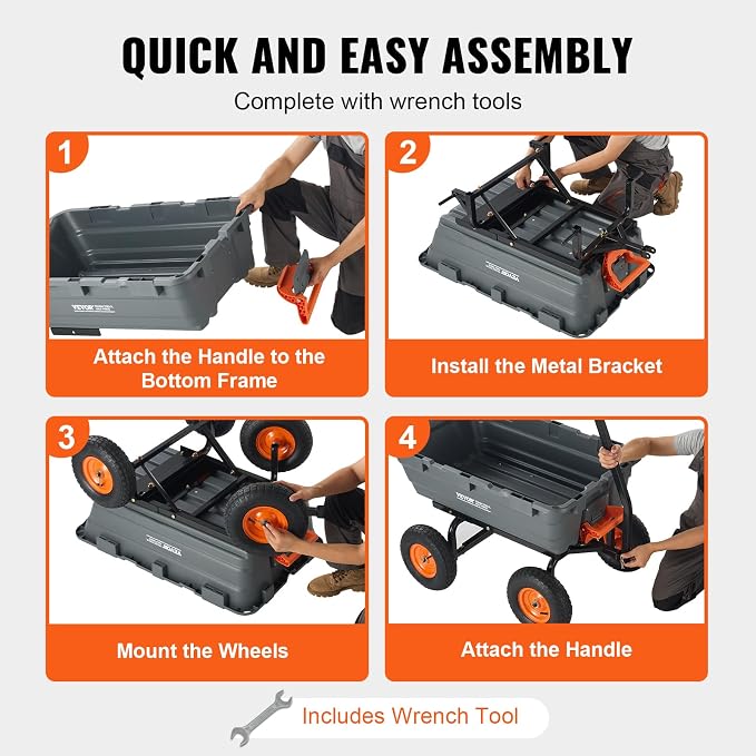 VEVOR Heavy Duty 1200lbs 7 Cu.Ft Wheelbarrow Garden Dump Cart Wagon | 2-in-1 Convertible Handle to Trailer For ATV Mower Tractor, 13in All Terrain Wheels