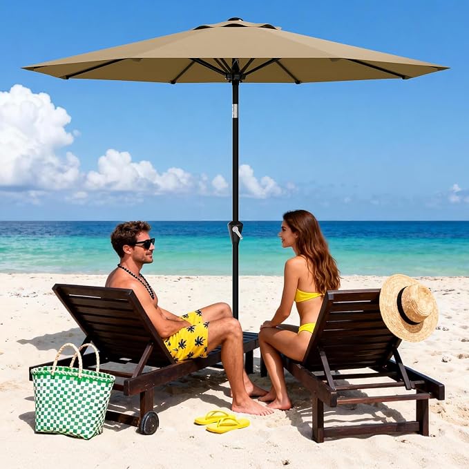 GarveeLife 9FT Umbrella Outdoor Patio, Table Umbrella with Push Button Tilt and Crank, 8 Sturdy Ribs Waterproof UV Protection for Garden, Pool, Deck, Backyard, Market (Khaki)