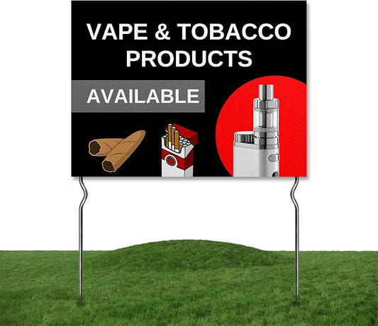 Vape & Tobacco Products Available! Yard Sign by DC | 24"x18" Double Sided Conv. Store Garden Sign with 13” Metal Stakes | Outdoor Signs Waterproof for Lawn, Patio, Sidewalk & House | Set of 3