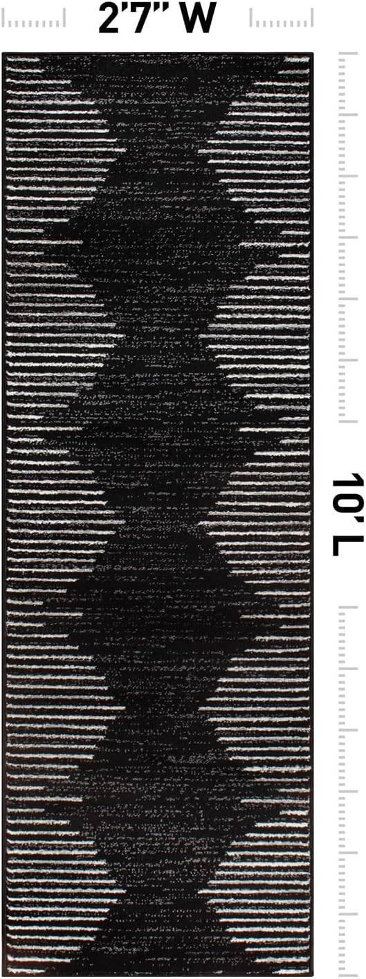 Rugshop Bohemian Stripe Stain Resistant Runner Rug Black 2'7" x 10' | High Traffic, Rectangular, Size 2'7" x 10', Living Room, Bedroom, Dining Room, Home Office, Kitchen, Entryway, Hallway