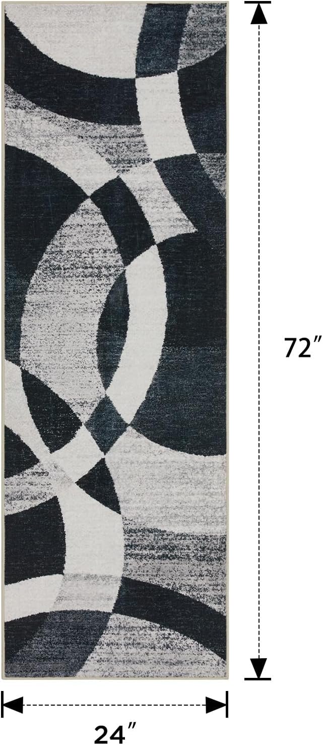 Joydeco 2x6 Geometric Washable Hallway Runner Rug, Black Grey White | Modern Non-Slip Low Pile Soft Stain Resistant Dark Gray Pet Child Friendly Carpet for Bedroom Entryway Kitchen Laundry Room