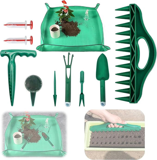 Bonsai Tools Kit 10Pcs Indoor & Outdoor Gardening Tool Potting Mat | Seed Planter Tool, Repotting Mat, Plant Kit, Seed Planting Tools, Lawn & Garden Spreaders, Mini Garden tools, Garden Seeder