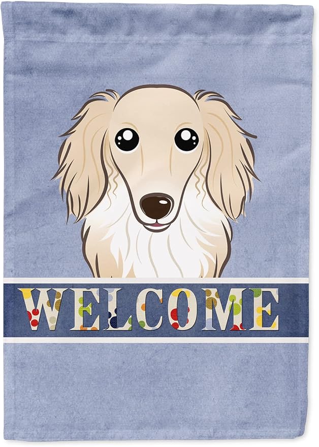 Caroline's Treasures BB1398CHF Longhair Creme Dachshund Welcome House Flag, Blue Large Porch Sleeve Pole Decorative Outside Yard Banner Artwork Wall Hanging, Polyester, House Size, Multicolor