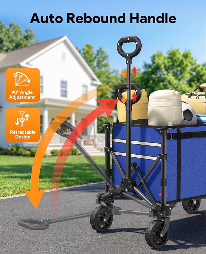 Raynesys Collapsible Wagon Cart with Wheels 220lbs Foldable Wagon 120L Shopping Cart for Groceries Folding Utility Wagon for Beach, Garden, Camping, Sport, Wheelbarrows, Indigo