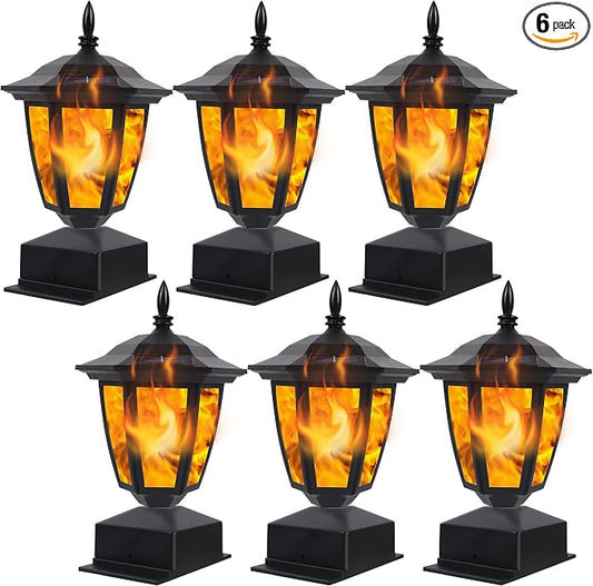 Dynaming Solar Flame Post Lights Outdoor, Solar Powered Lamps Fence Post Cap Lights, Flickering Flame LED Lantern Decorative Waterproof for Garden Deck Patio, Fit 4x4, 5x5 or 6x6 Wooden Posts, 6 Pack