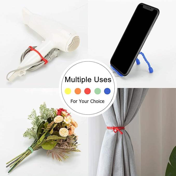 10 PCS 18-Inch Silicone Cable Ties - Reusable Twist Ties Bendable Steel-Core Rubber Cable Ties for Bundling and Holding, All Purpose Cord Tie for Indoor and Outdoor (5 Colors)