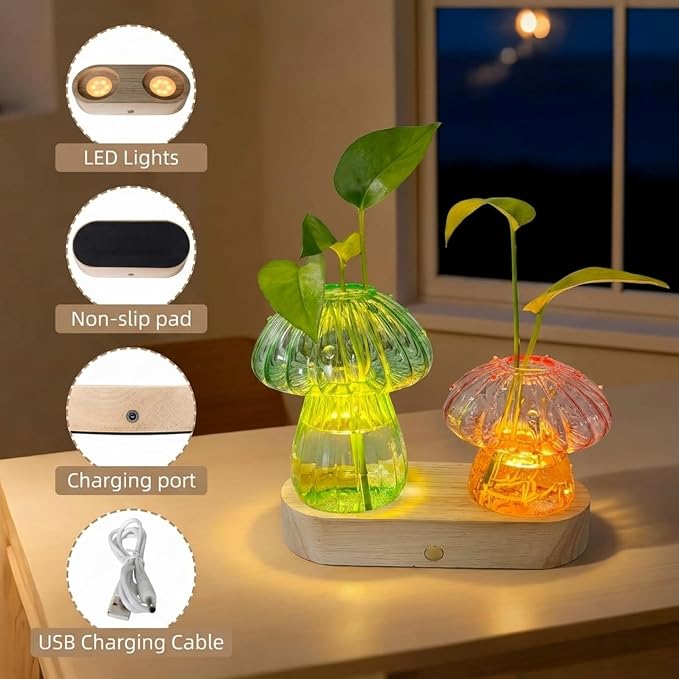 LED Mushroom Glass Propagation Vase with Wooden Base, Hydroponic Plant Holder, Ambient Night Light for Desk, Bedroom & Living Room, Cute Home Decor Gift for Plant Lovers