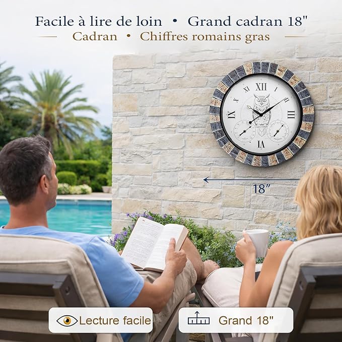 18 Inch Outdoor Clocks Waterproof with Thermometer Hygrometer, Illuminated Smart Night Light Large Patio Outdoor Wall Clock, Silent Battery Operated Outdoor Clock for Garden Pool Porch