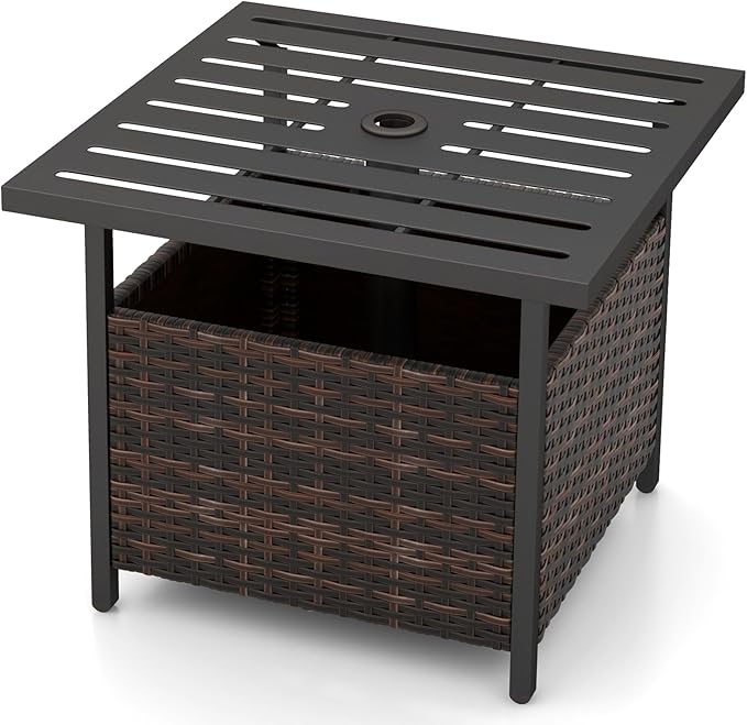 Giantex Outdoor Side Table with Umbrella Hole, 22" Wicker Umbrella Stand Holder and Base, Weather-Resistant PE Rattan Patio End Table for Deck Garden Poolside, Mix Brown (Metal Tabletop)