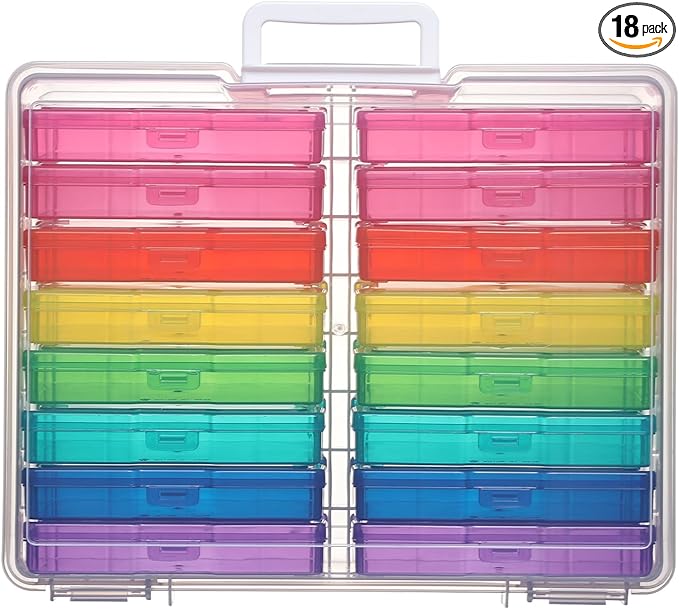 PCA Photo Storage Box 4" x 6" Cases With Handle - 16 Inner Keeper, Large Organizer, Plastic Craft Case for Stickers, Stamps, Jigsaw, Vegetable Seeds