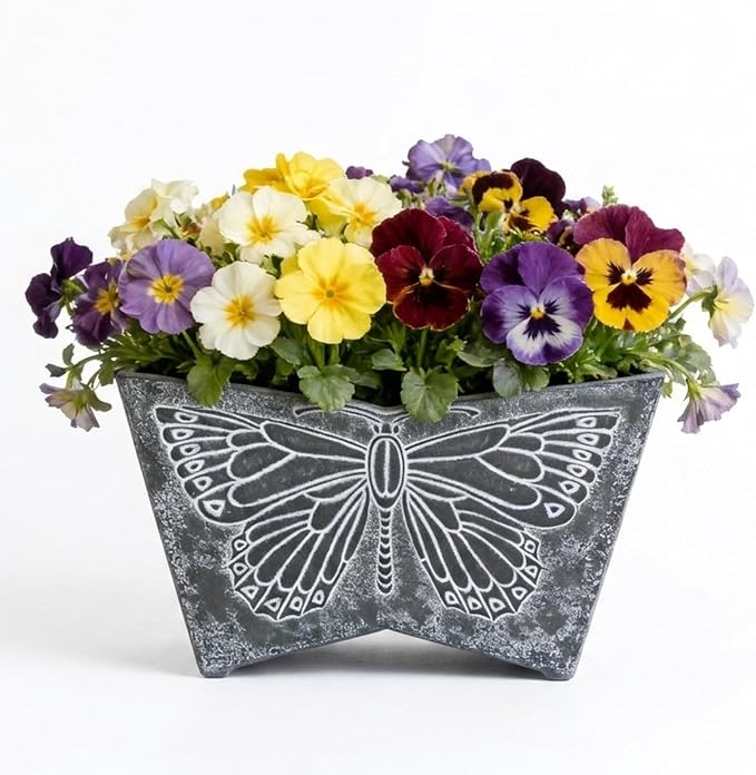 GreenShip 16 Inch Large Resin Flower Pots, Resin Planter Pot with Drainage Hole, Vintage Butterfly Embossed Decorative Garden Pot, Weather-Resistant for Porch, Patio, Indoor Use, Dark Grey