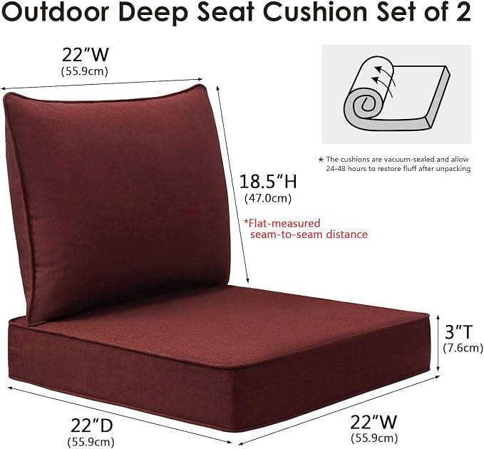 Unimatta Sunbrella Outdoor Chair Cushions Set, 22" x 22", Set of 2, Water-Repellent, Fade Resistant, Deep Seat Bottom and Back Cushion for Backyard, Couch, Sofa and Patio Furniture, Spectrum Brick
