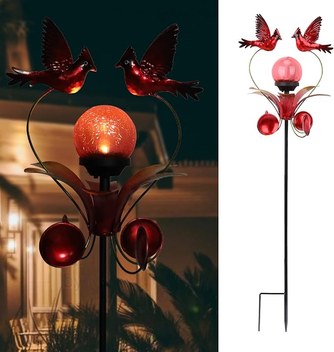 Decorative Solar Outdoor Light, Cardinal Glass Globe Stake For Lawn Yard | Solar Cardinal Lights With Wind Spinner Design, Crackle Glass Globe, Auto On/Off For Garden, Lawn, Yard